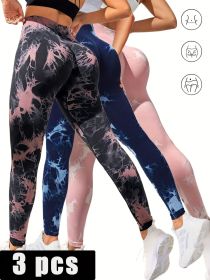 3 Pack Women's Tie Dye Cutout Tights High Waist Workout Yoga Leggings, Scrunch Butt Lifting Elastic Pants (Color: 3PACK6, size: L)